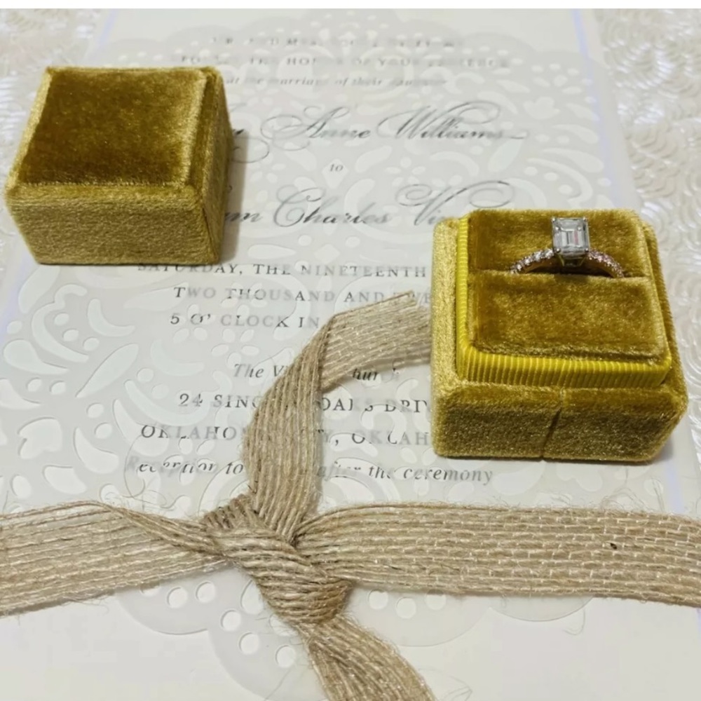 Mustard Square Velvet Ring Box Single Slot